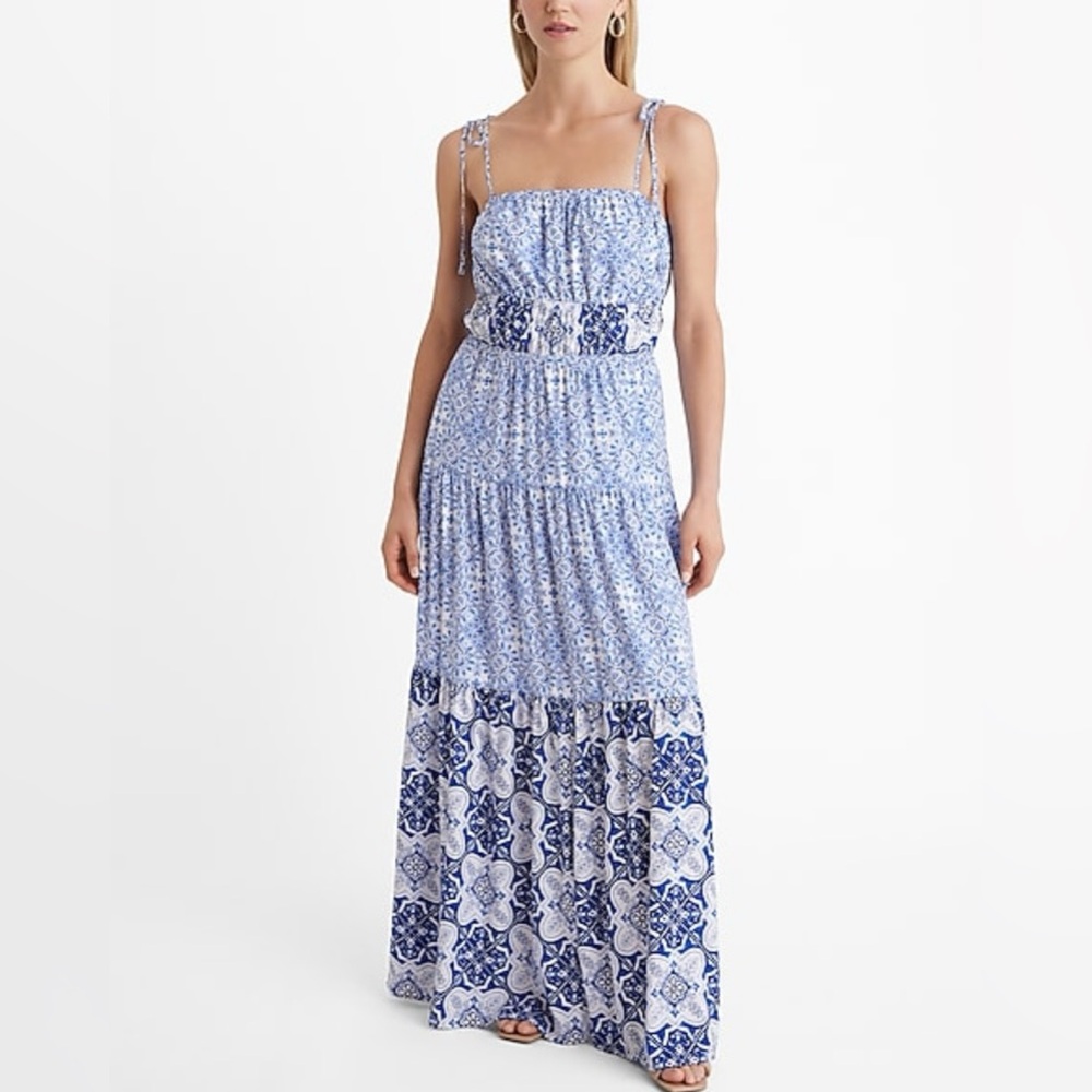 NWT NEW Express Blue & White Print Maxi Square Neck Adjustable Tie Strap Dress L